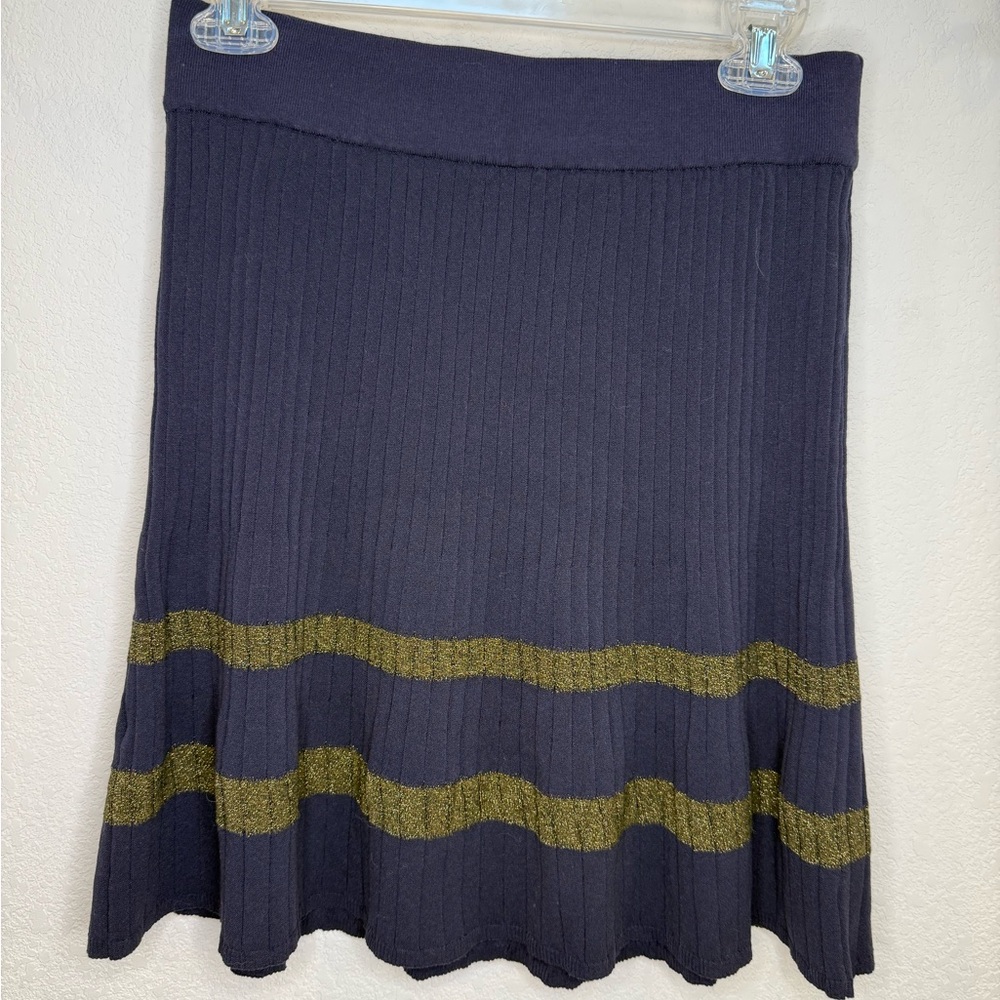 Ann Taylor Blue and Gold Ribbed A-Line Midi Skirt